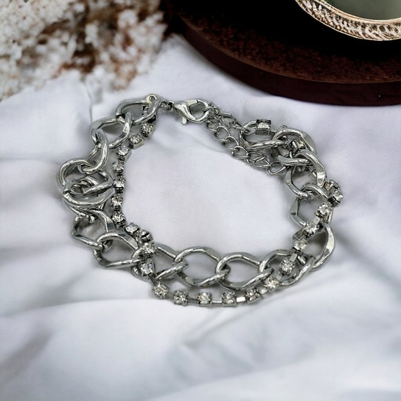 Rhinestone Bracelet Tennis Chain Link Double Strand Statement Jewelry Silvertone - Picture 2 of 9